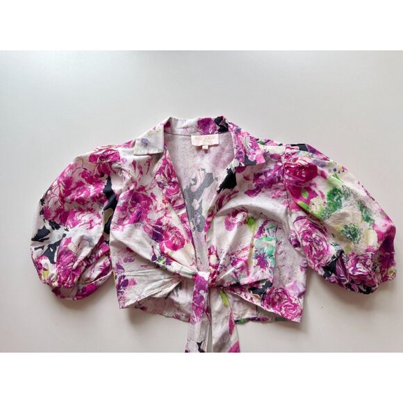 ROCOCO SAND Tessa Pink Floral Cotton Puff Sleeve Wrap Top Shorts Set, Size S - Picture 7 of 16